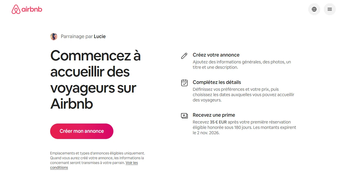 Capture d'écran du programme de parrainage Airbnb