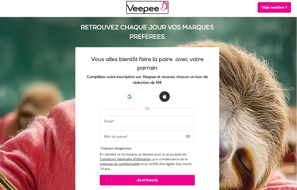 Capture d'écran du programme de parrainage Veepee